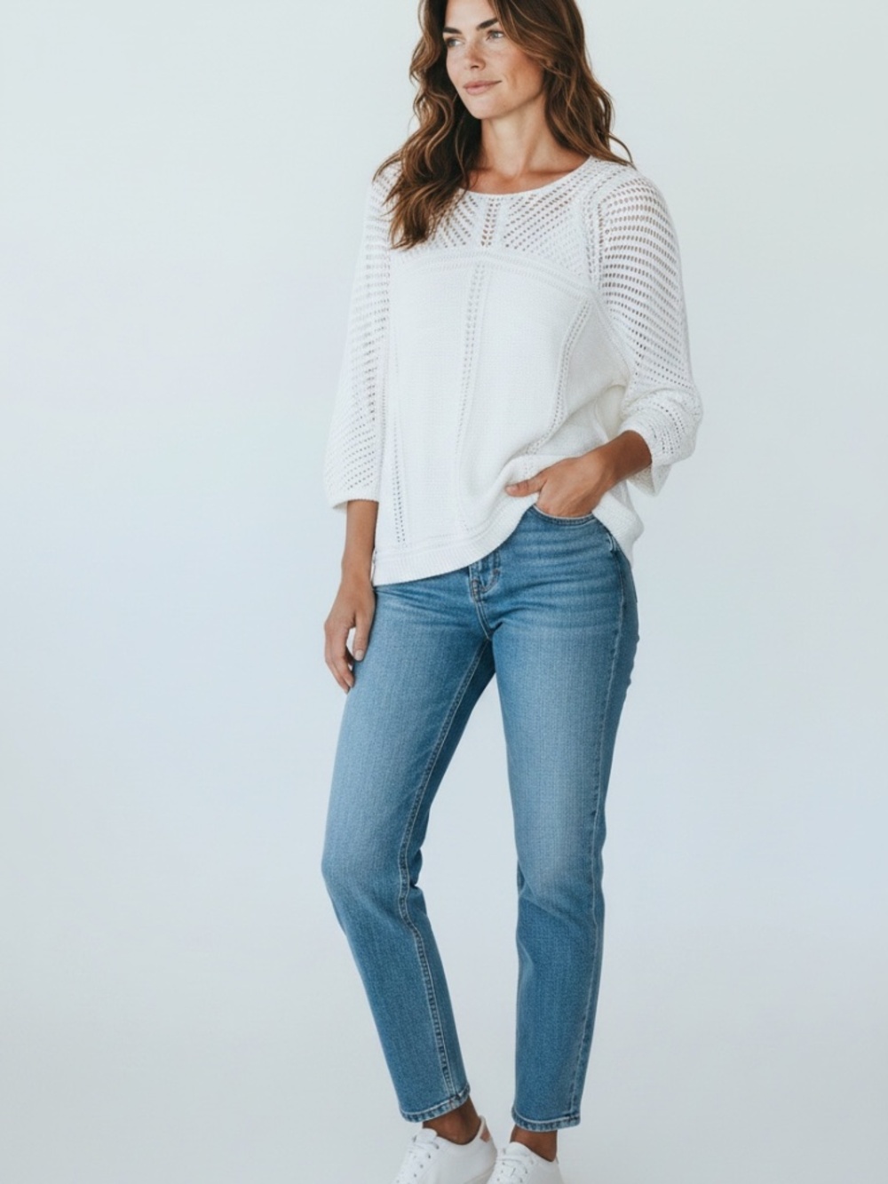Prana Getup Pullover Sweater Medium Fairhope White Open Knit 3/4 Sleeves Cotton